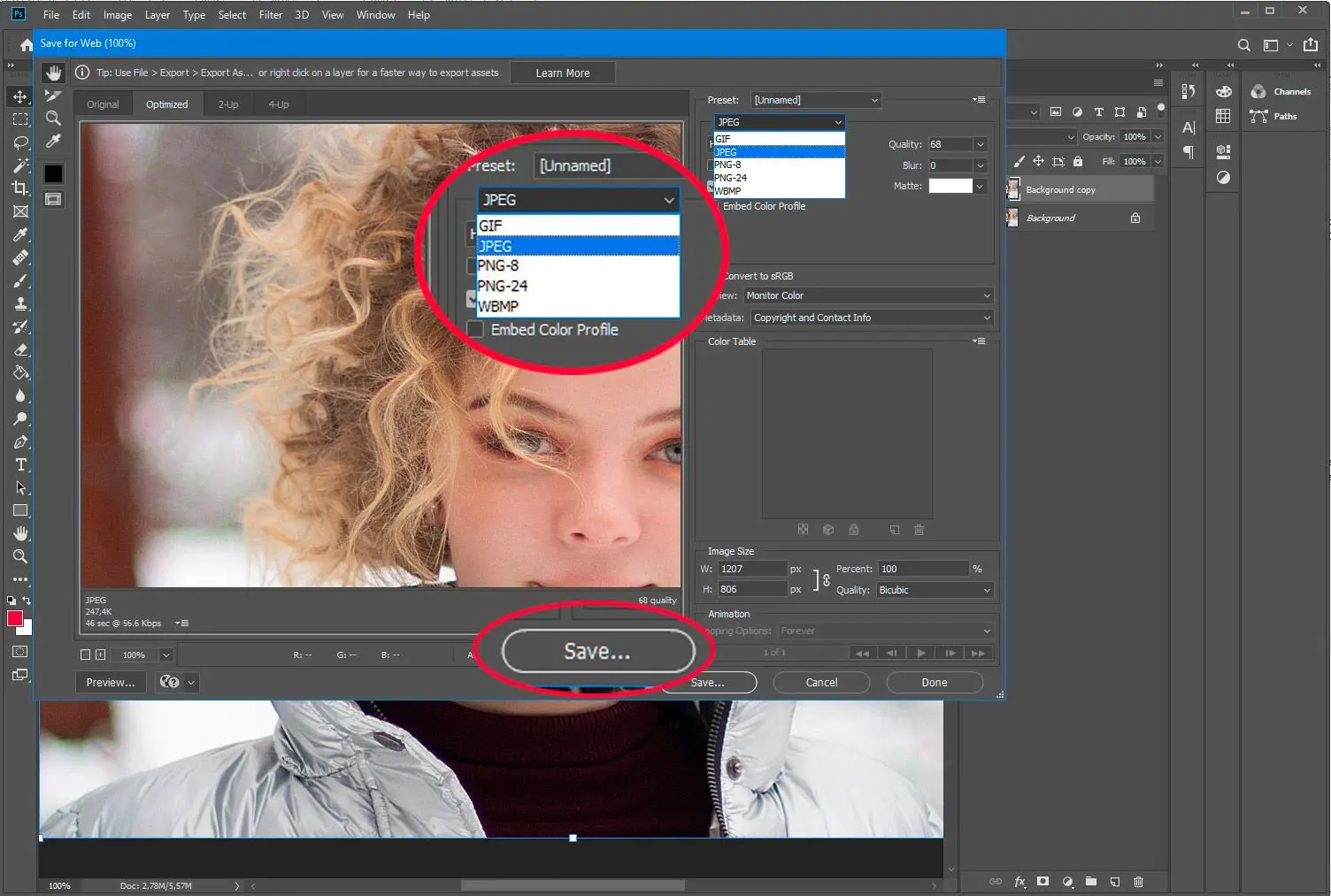 Adobe Photoshop. uložit PSD pro web ve formátu jpg..