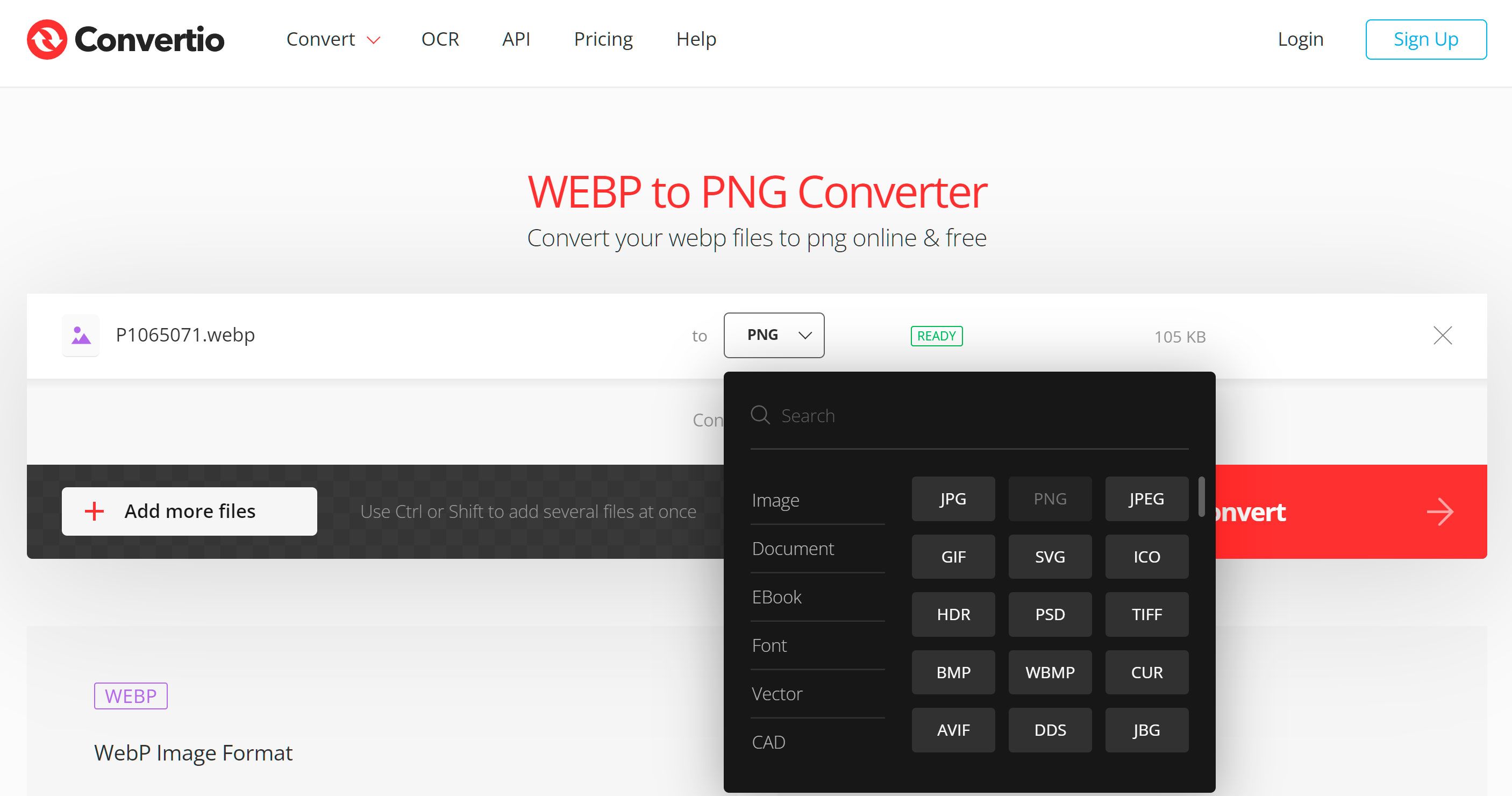 Vyberte formát PNG pro převod z WebP online..