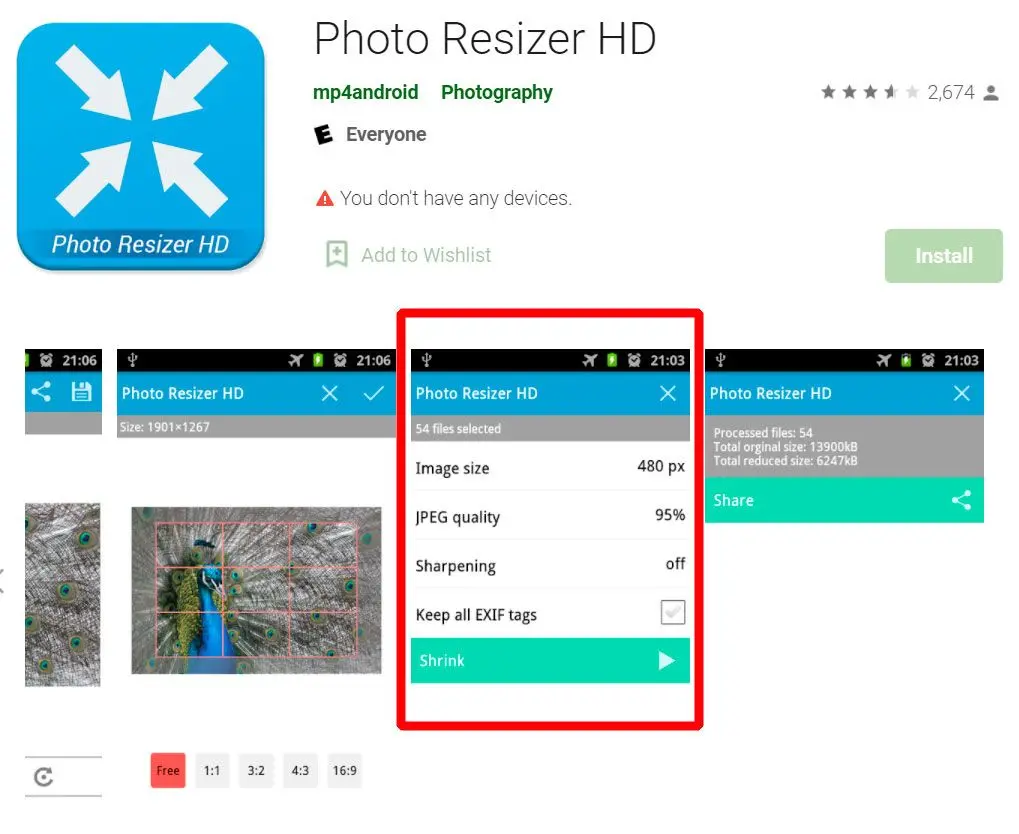 Aplikace Photo resizer HD pro Android..
