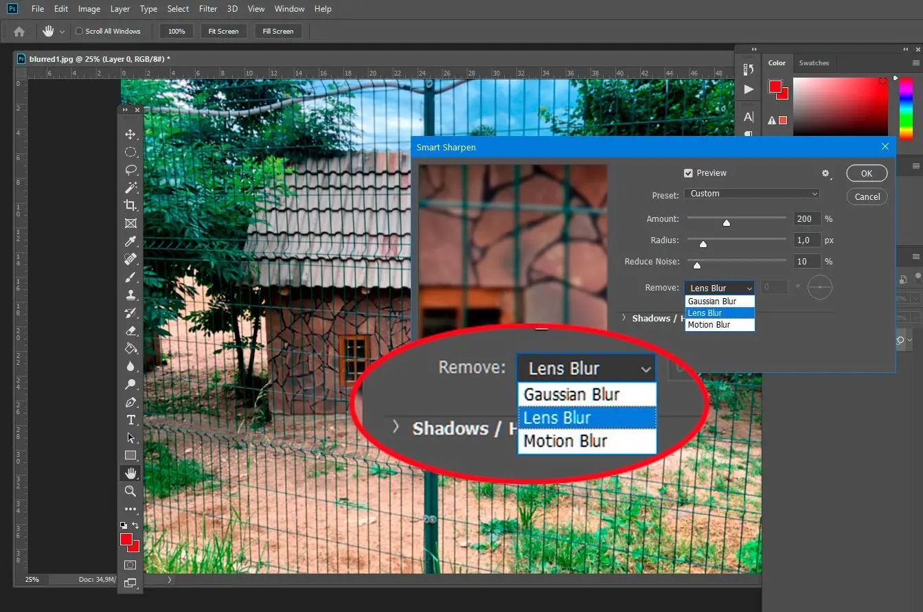 Výběr možnosti Rozostření objektivu v aplikaci Photoshop..
