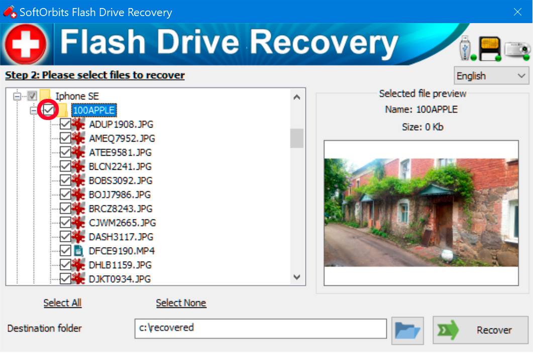 Výběr smazaných souborů k obnovení.