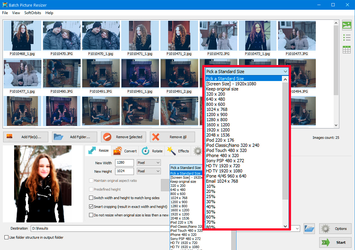 Výběr velikosti obrázku.