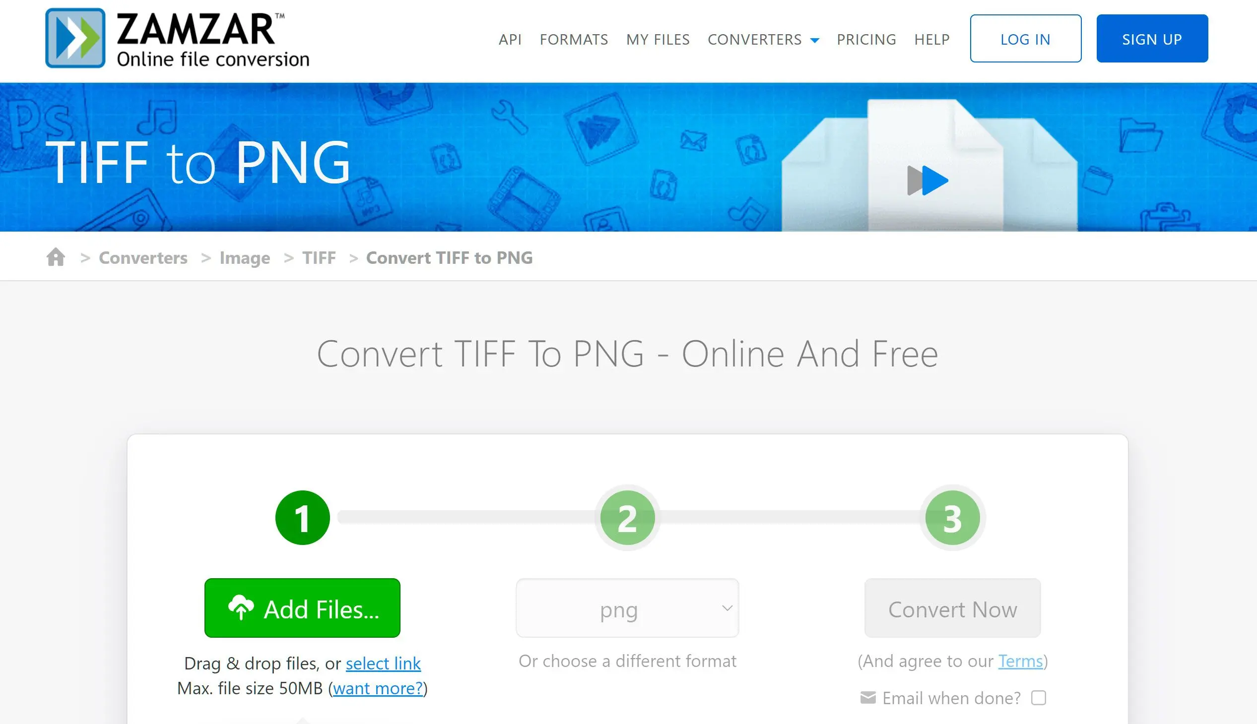 Otevřít Online Konvertor TIFF na PNG..