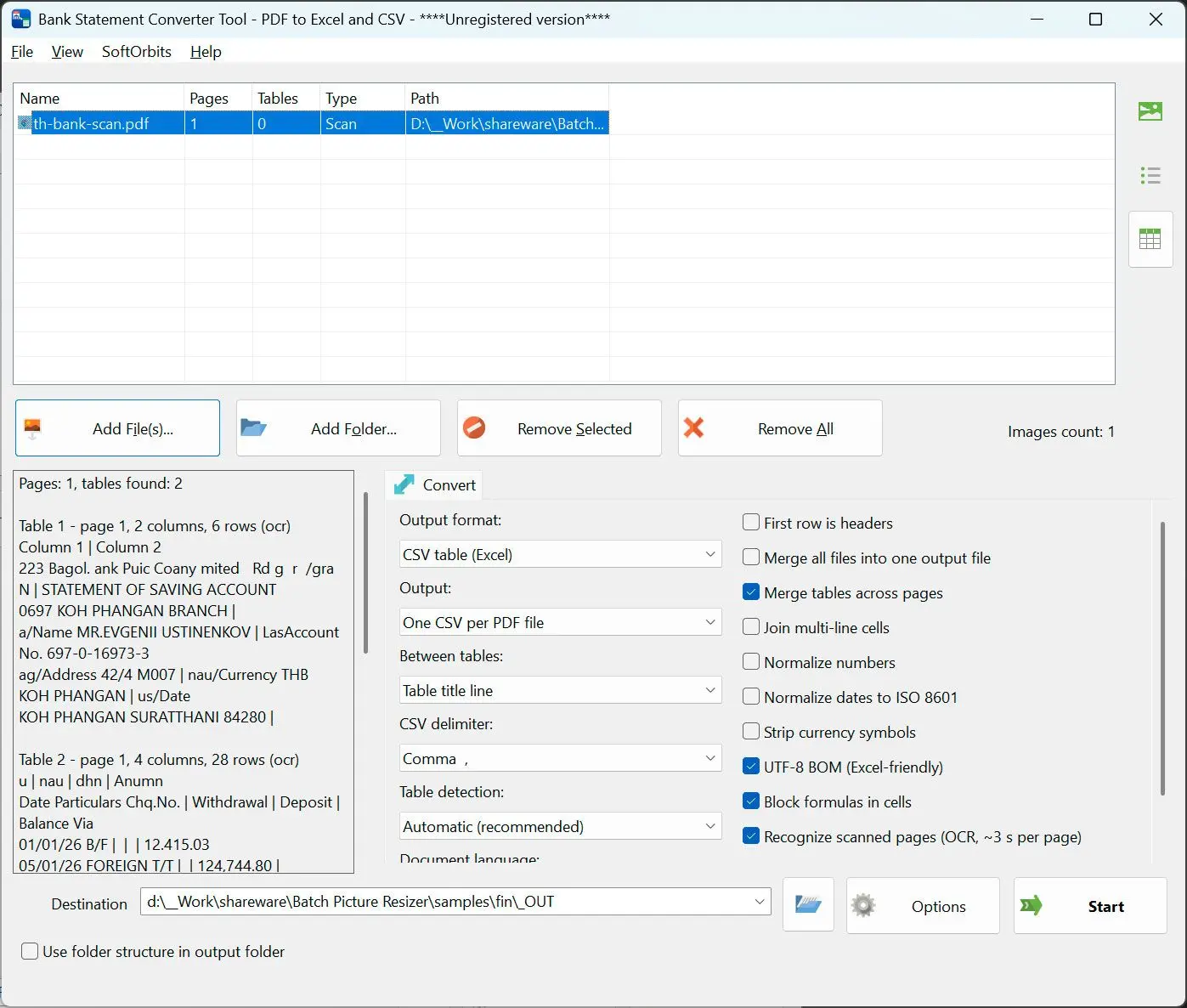 PDF to CSV Converter Snímek obrazovky.
