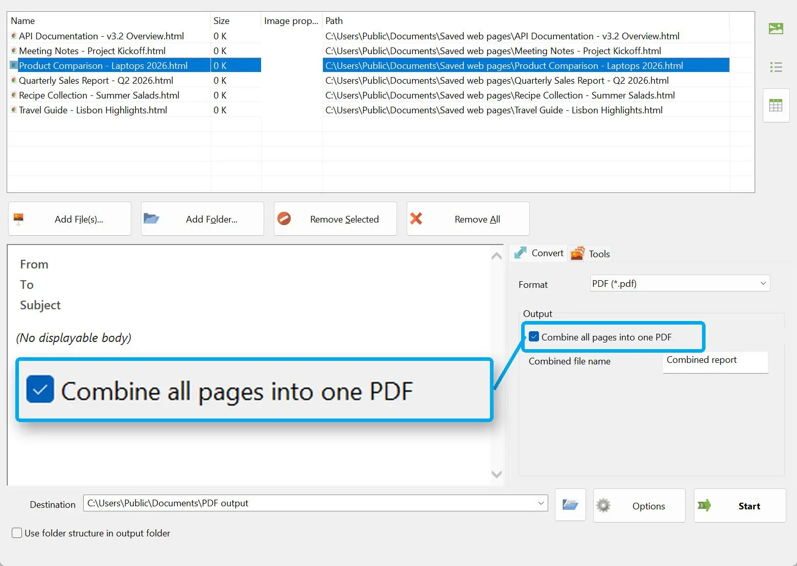 Zaškrtnutí volby pro sloučení všech stránek do jednoho PDF.