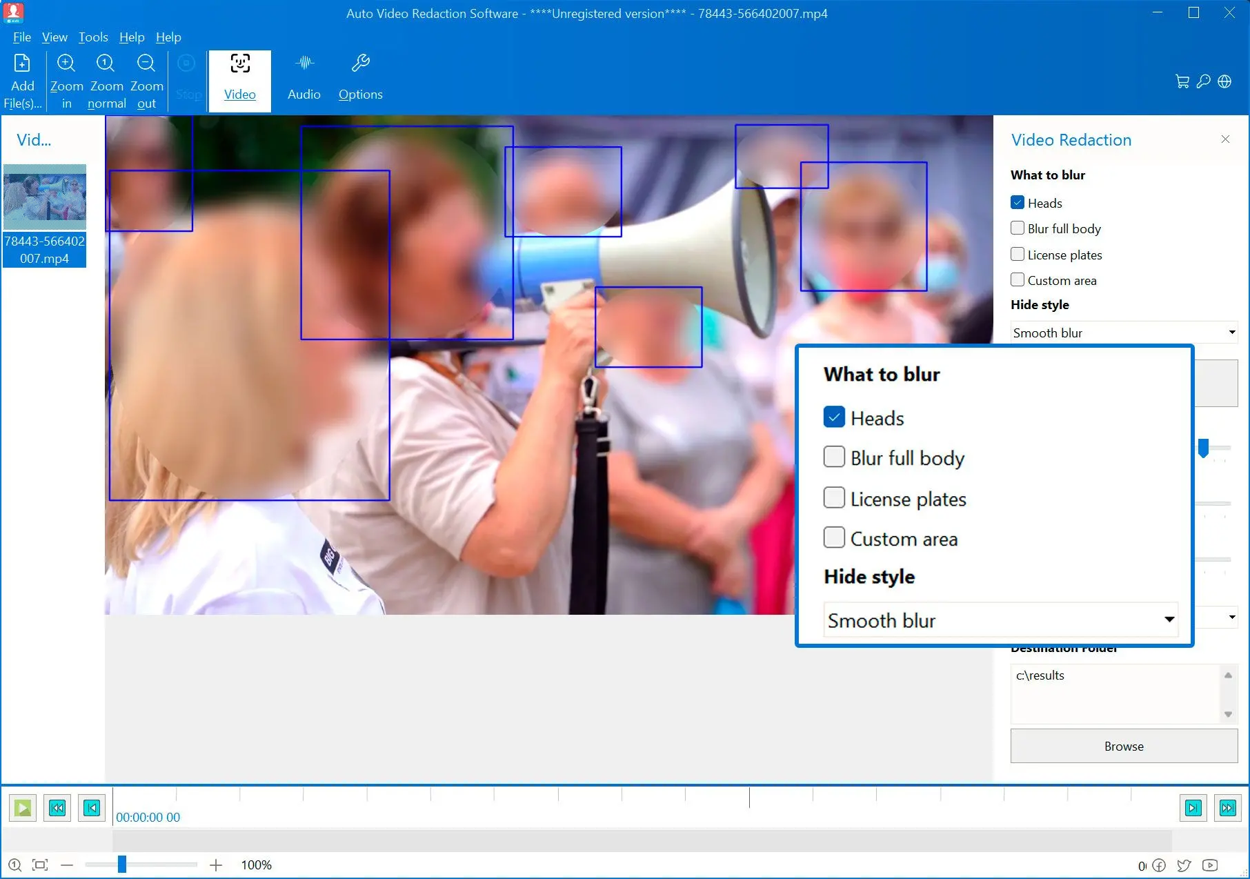 Vyberte možnosti automatické detekce: Obličeje, Hlavy, Těla, Značky.