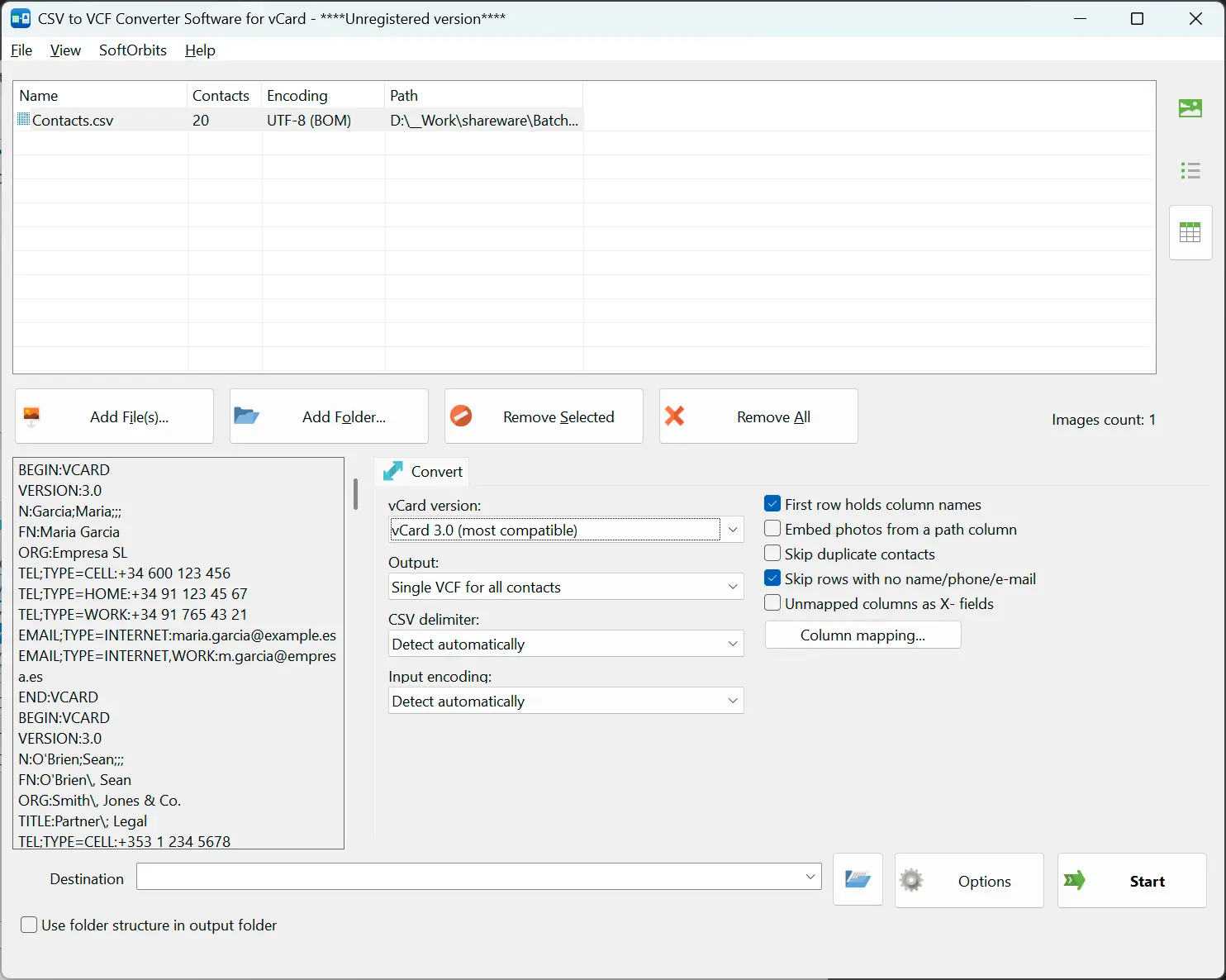 CSV to VCF Converter Software for vCard Snímek obrazovky.