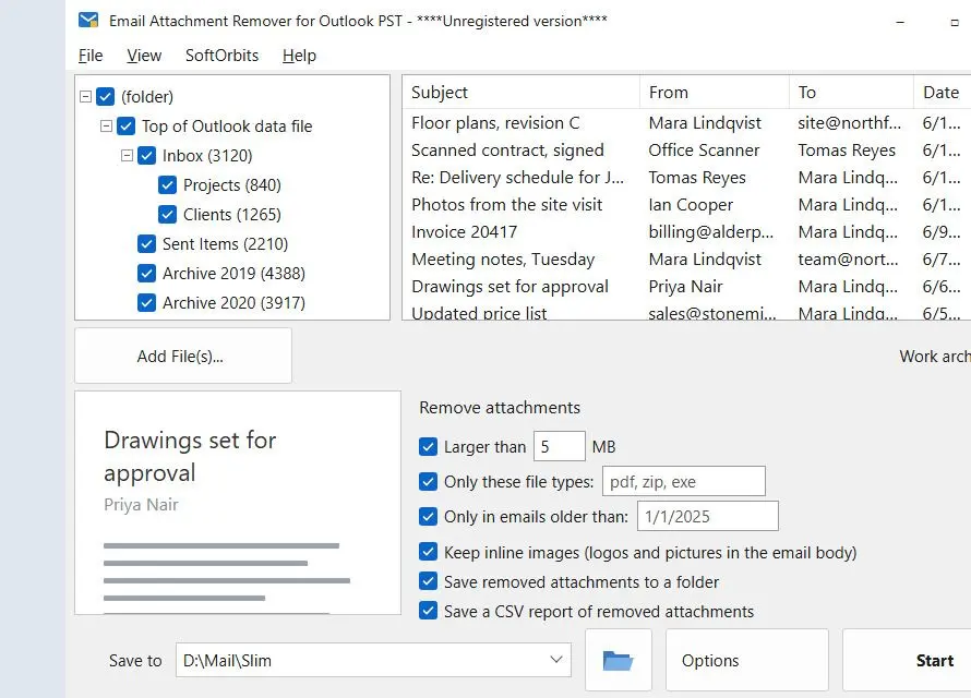 Email Attachment Remover for Outlook PST Snímek obrazovky.