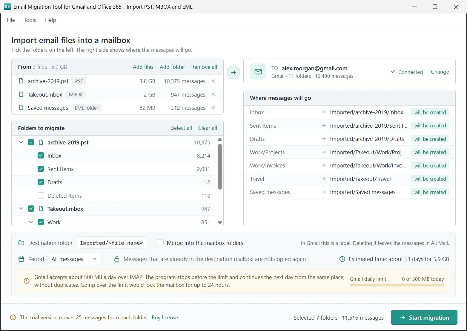 Email Migration Tool for Gmail and Office 365 - Import PST, MBOX and EML Snímek obrazovky.