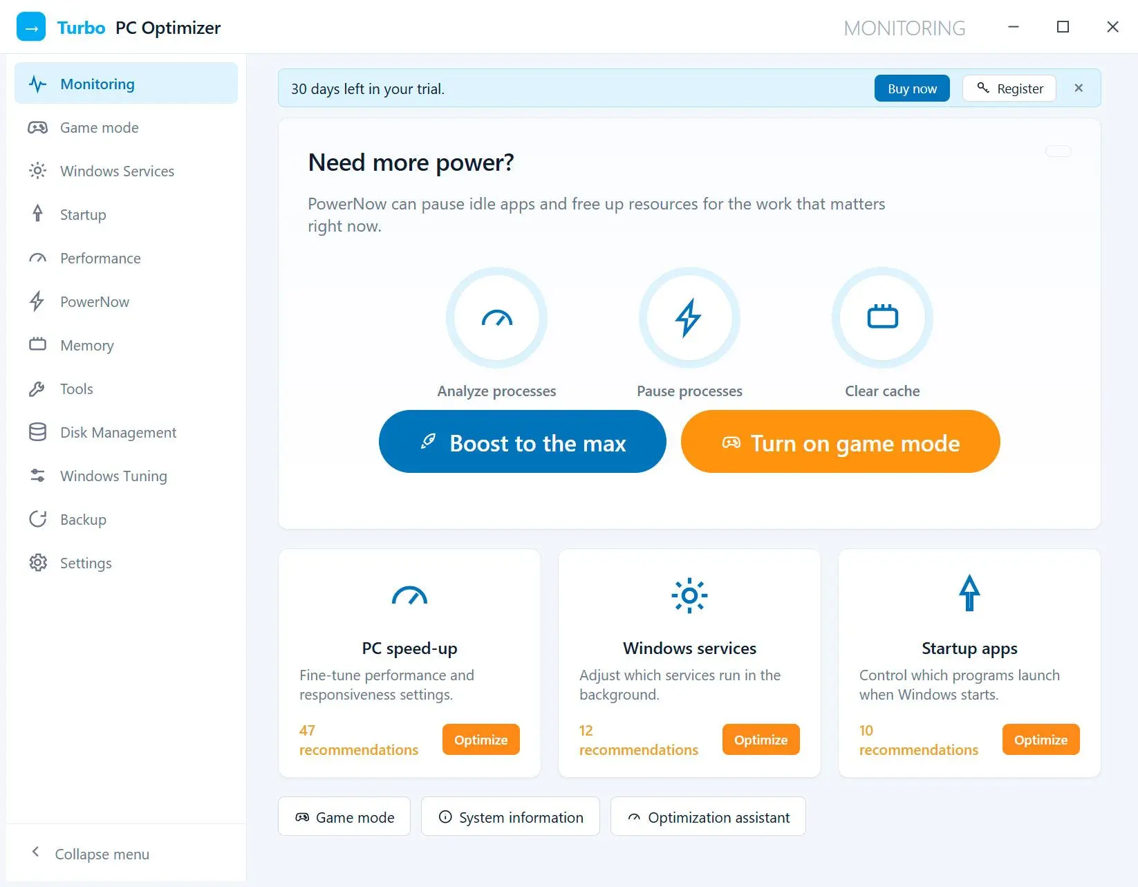 Turbo PC Optimizer Snímek obrazovky.