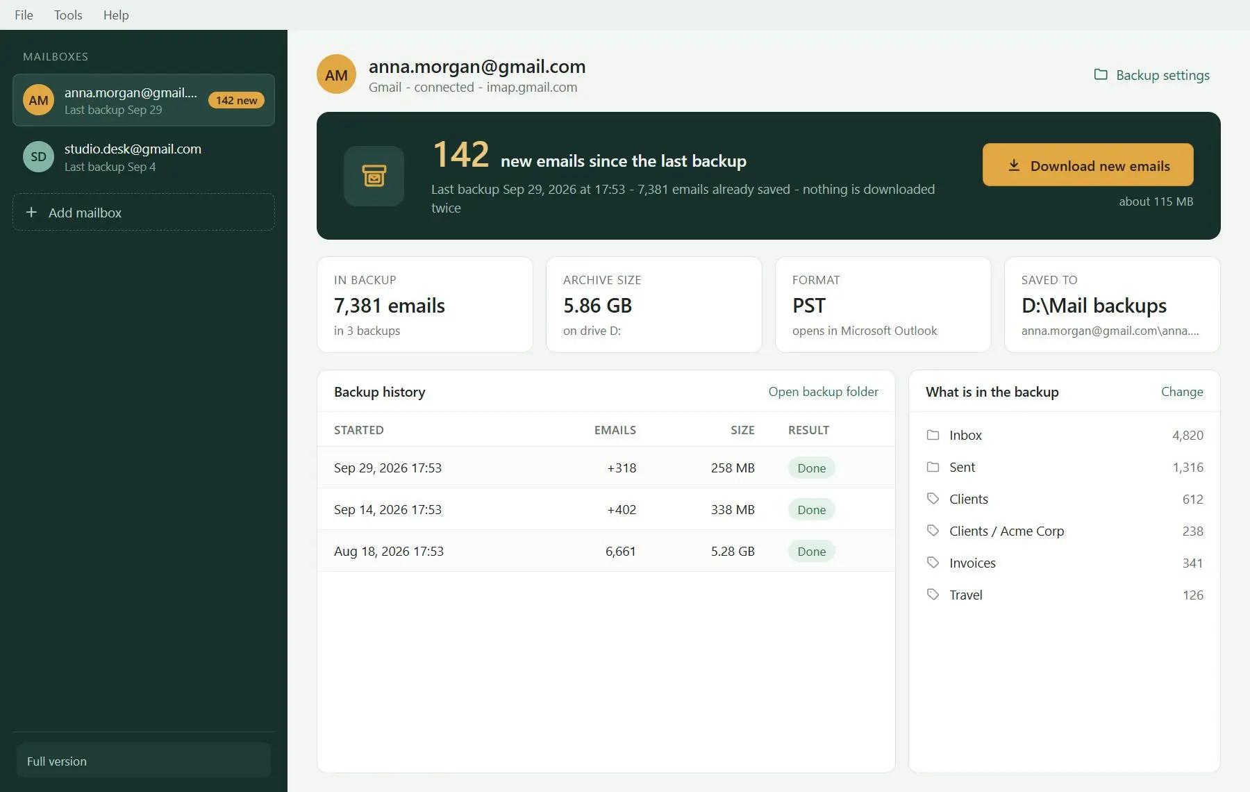 Gmail Backup & Export Software to PST and MBOX Snímek obrazovky.