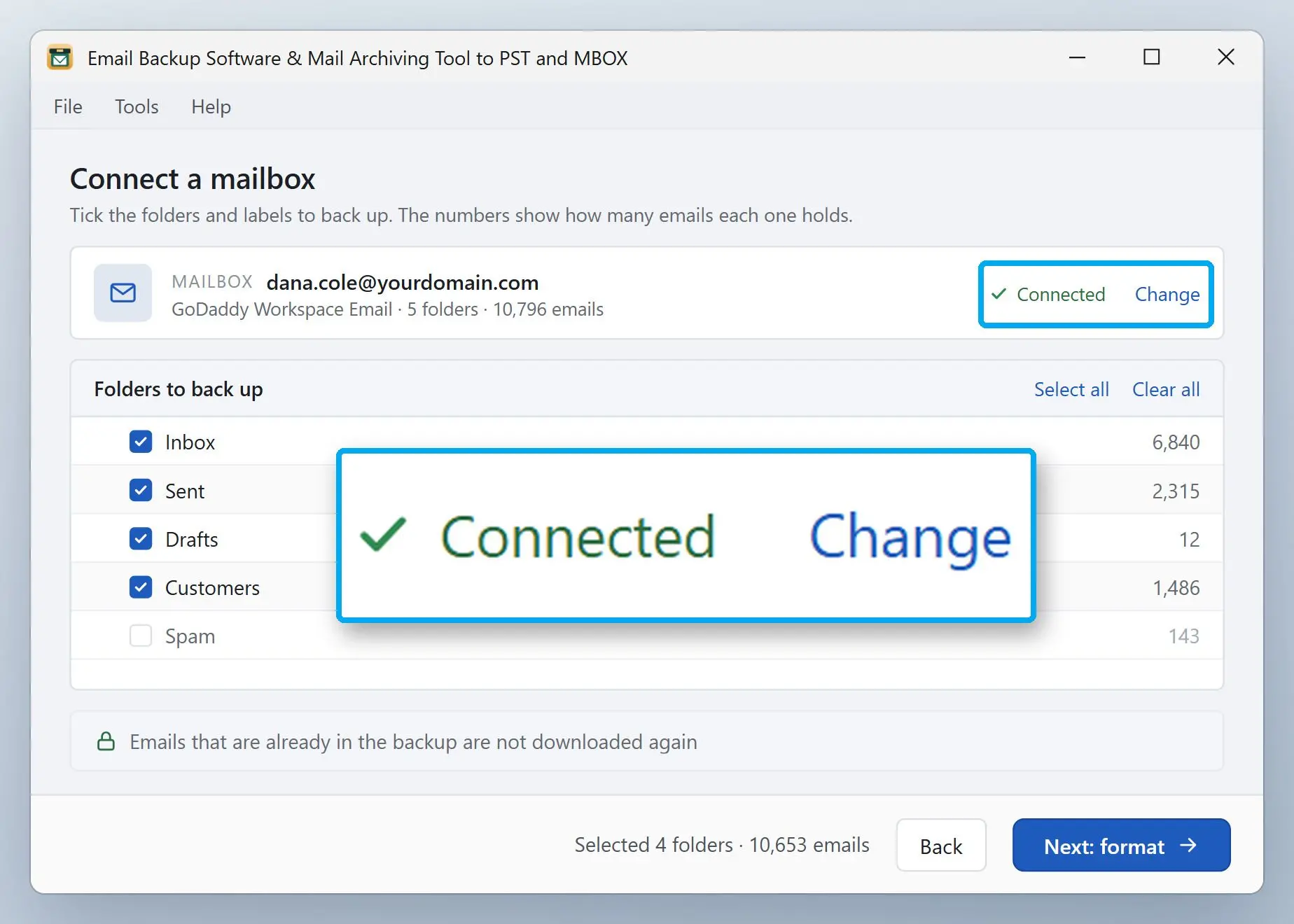 Email Backup Software & Mail Archiving Tool to PST and MBOX Snímek obrazovky.