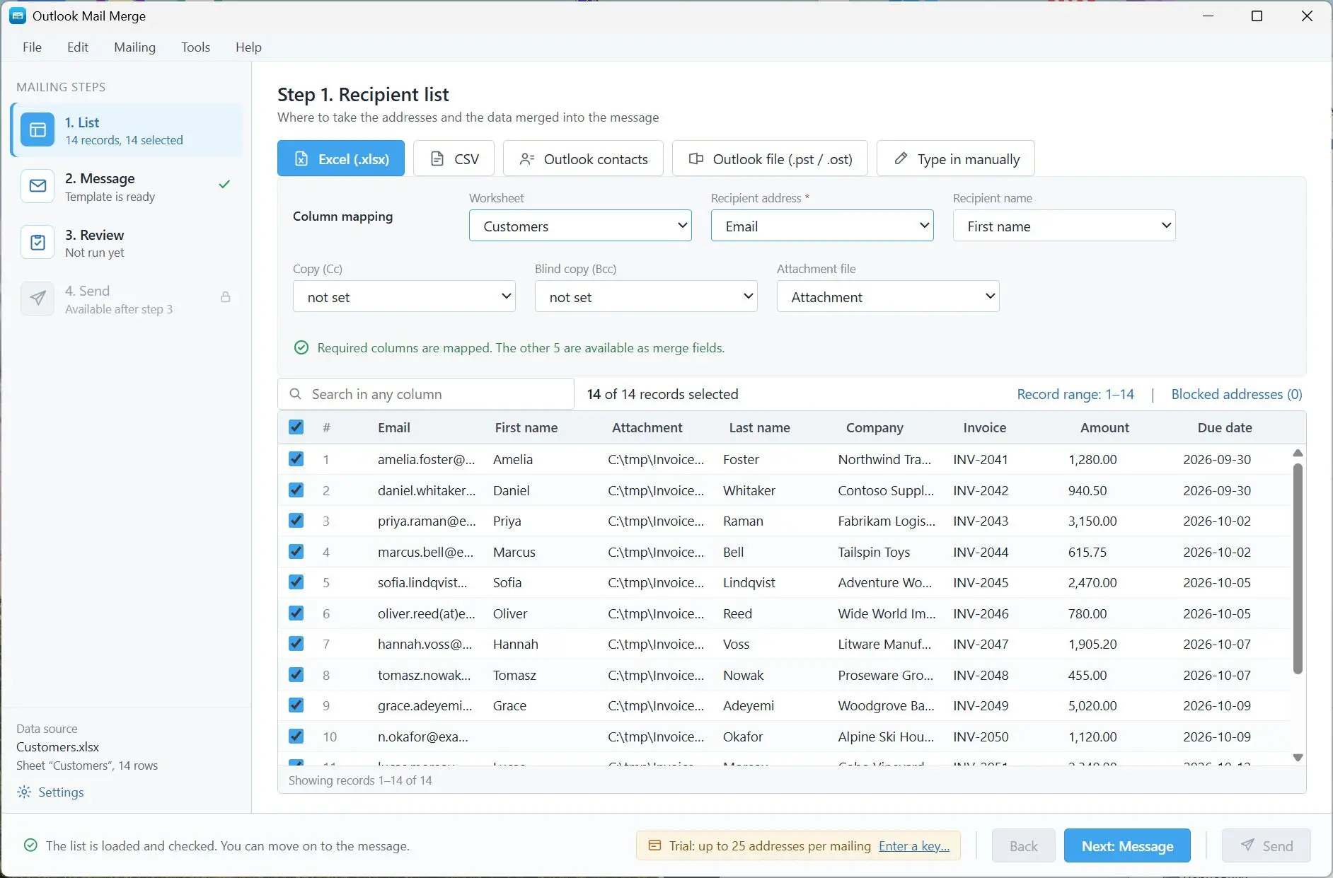 Mail Merge for Outlook and Excel with Attachments Snímek obrazovky.