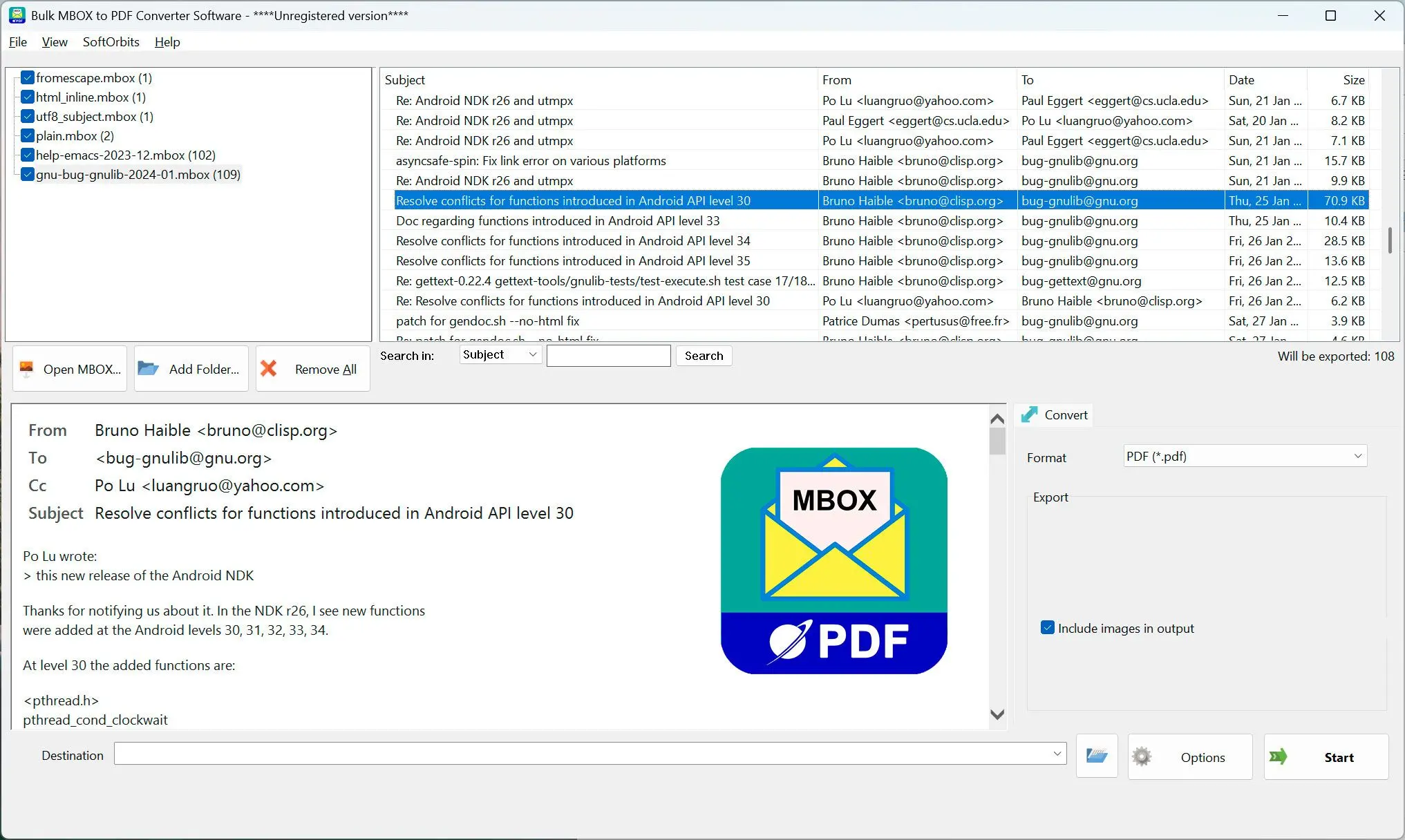 MBOX to PDF Converter Software Snímek obrazovky.