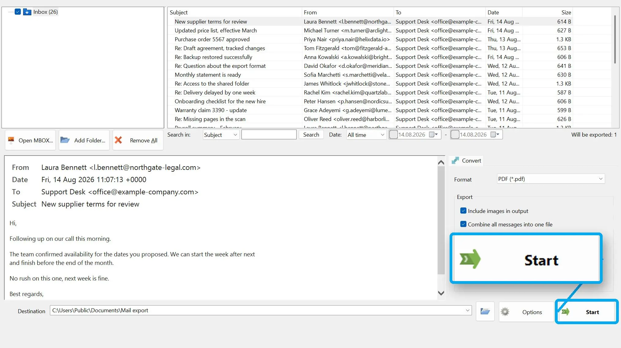 MBOX to PDF Converter Software Snímek obrazovky.