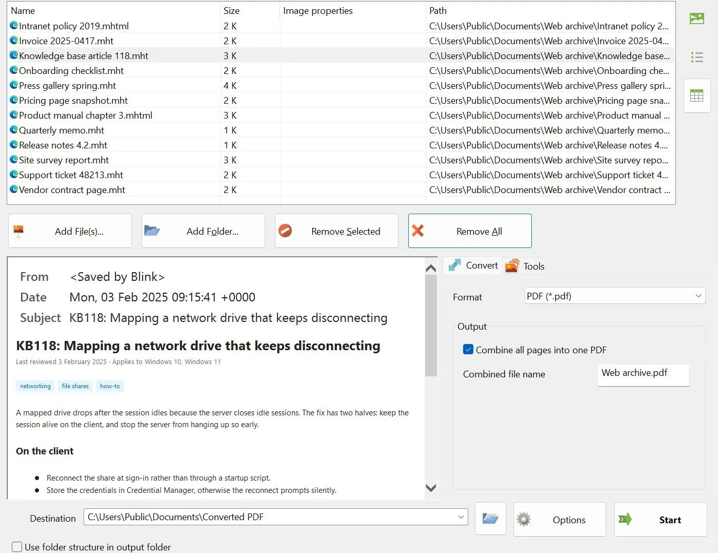 MHTML to PDF Converter Snímek obrazovky.
