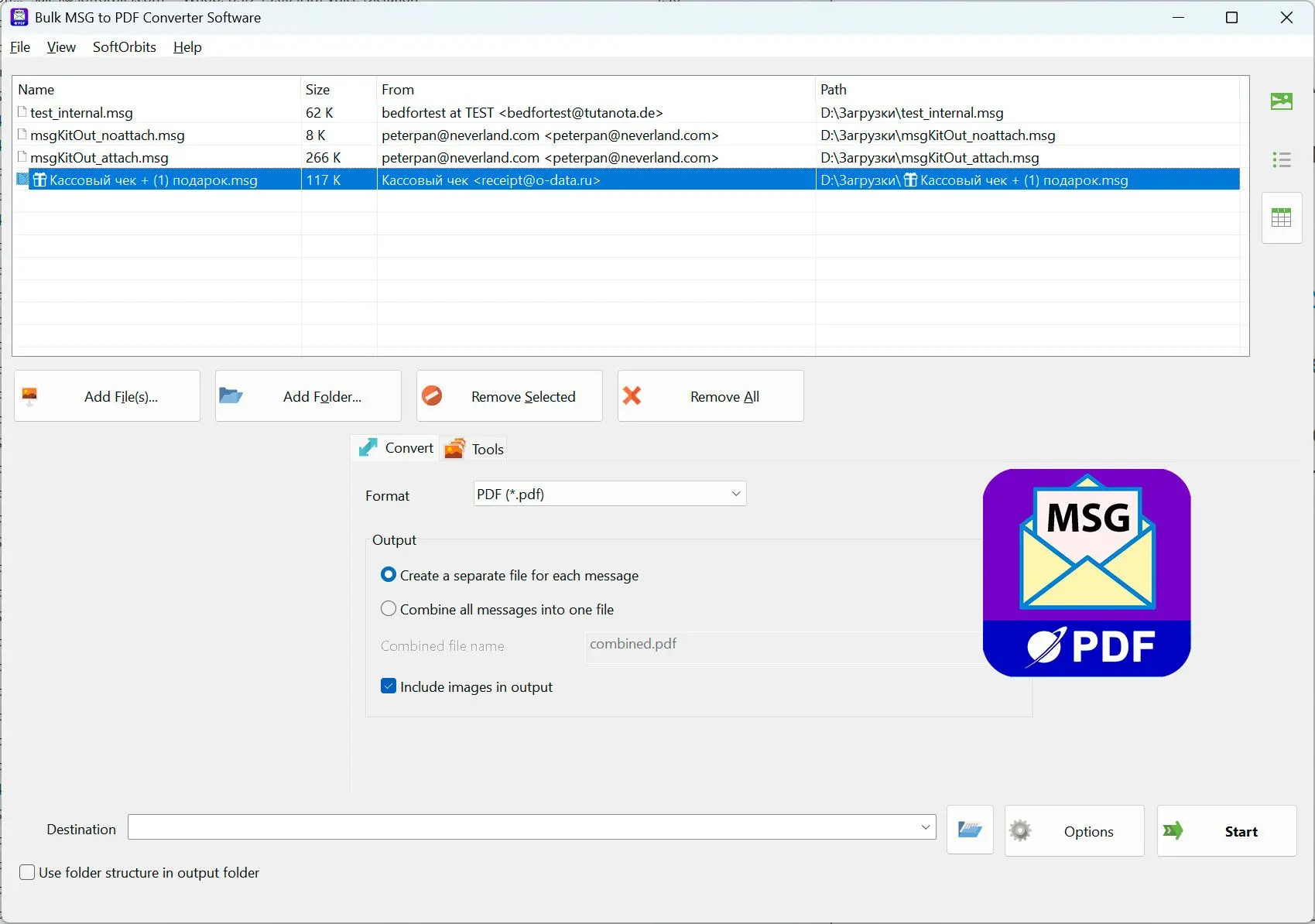 MSG to PDF Converter Software Snímek obrazovky.