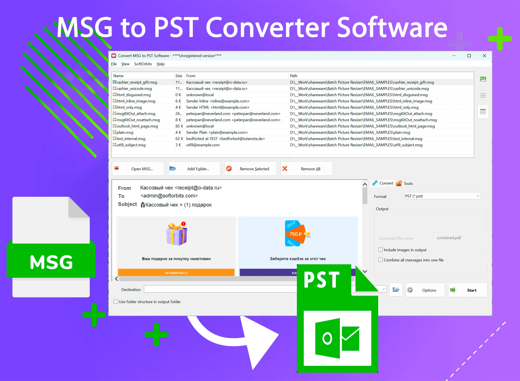 MSG to PST Converter Software Snímek obrazovky.