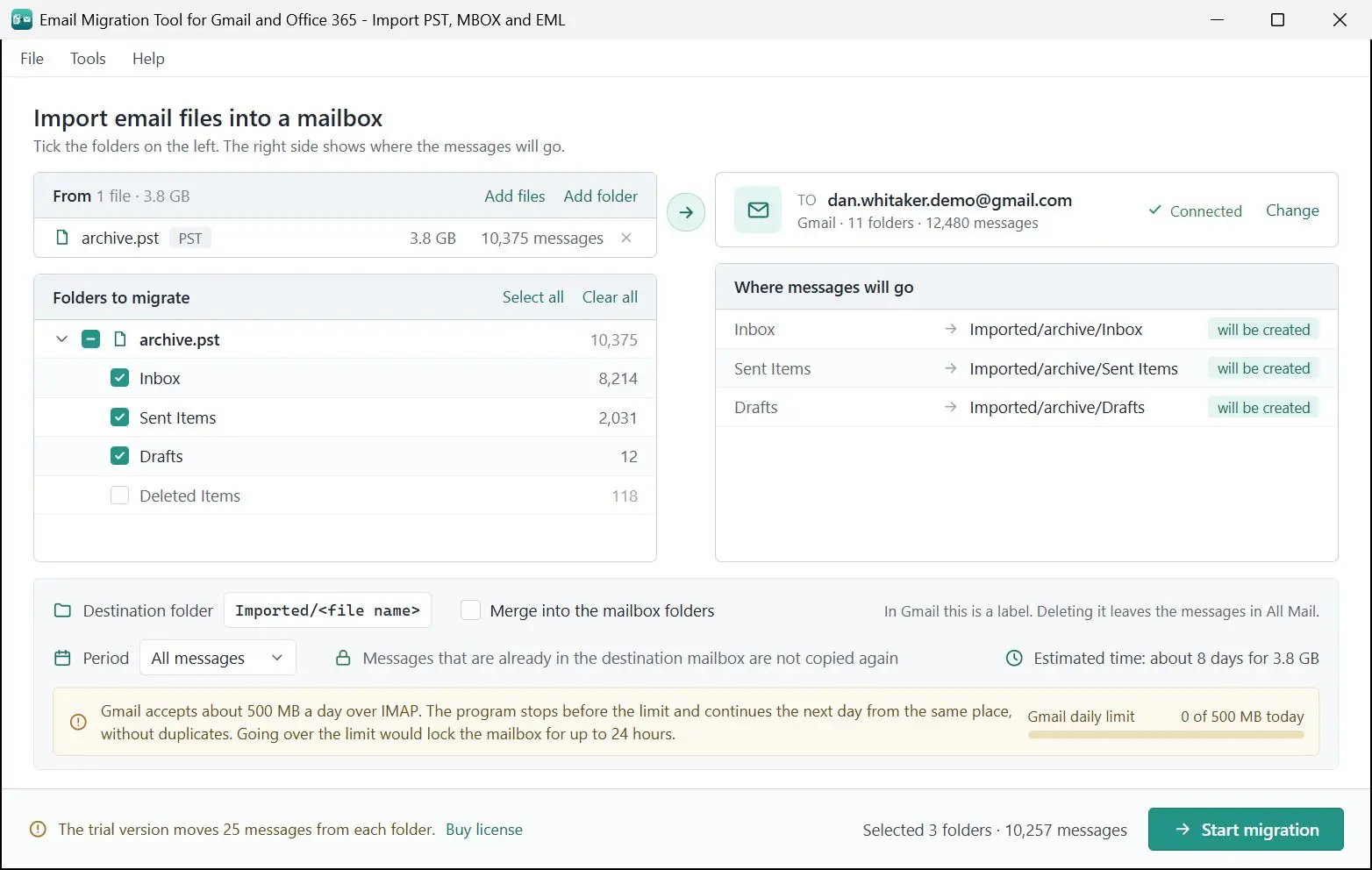 Email Migration Tool for Gmail and Office 365 - Import PST, MBOX and EML Snímek obrazovky.