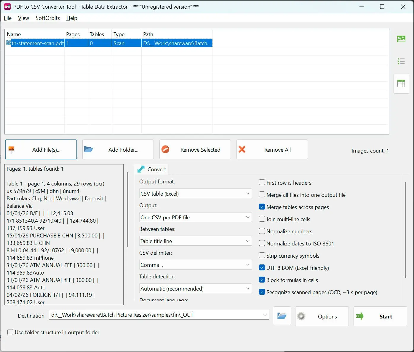 PDF to CSV Converter Snímek obrazovky.