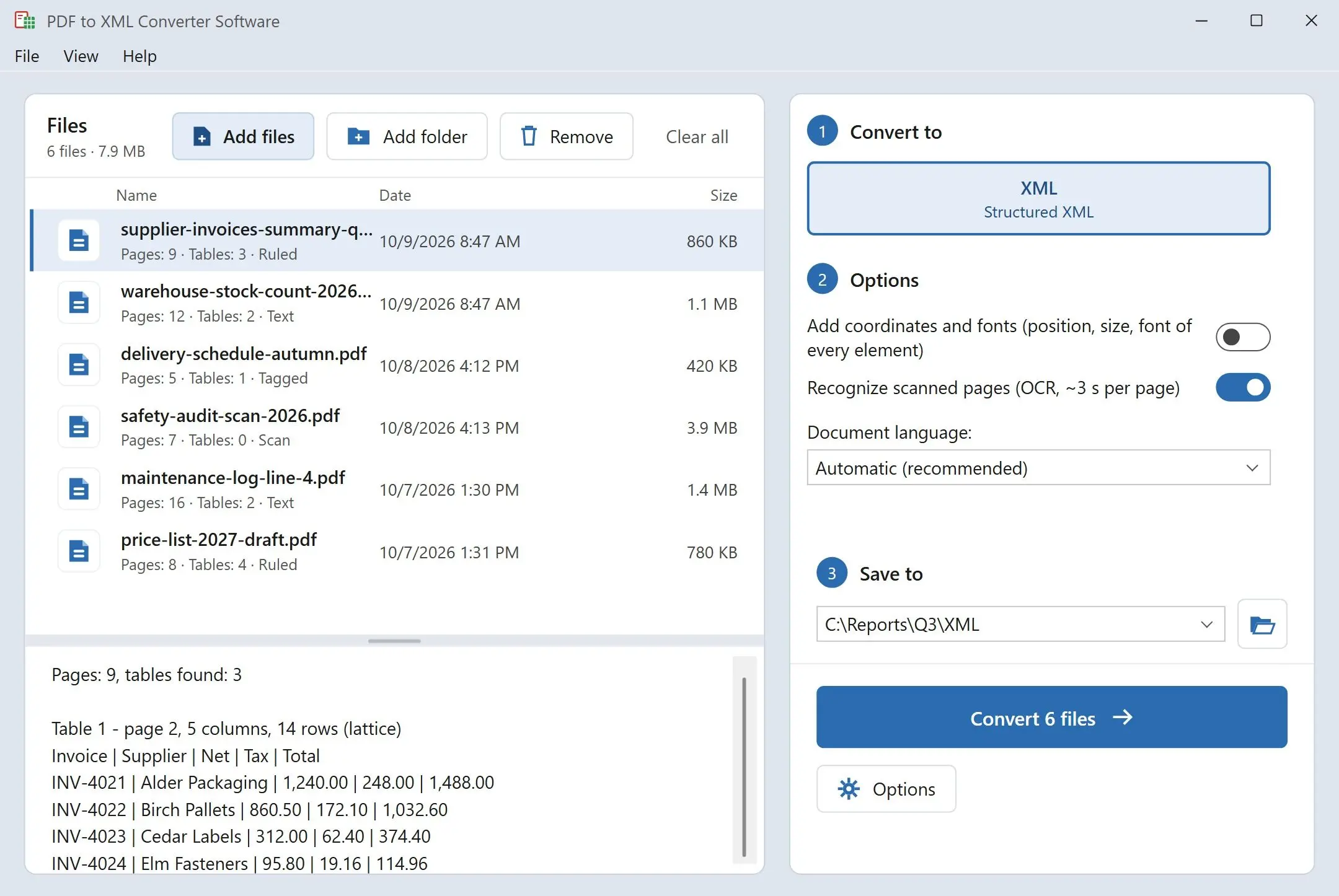 PDF to XML Converter Software Snímek obrazovky.