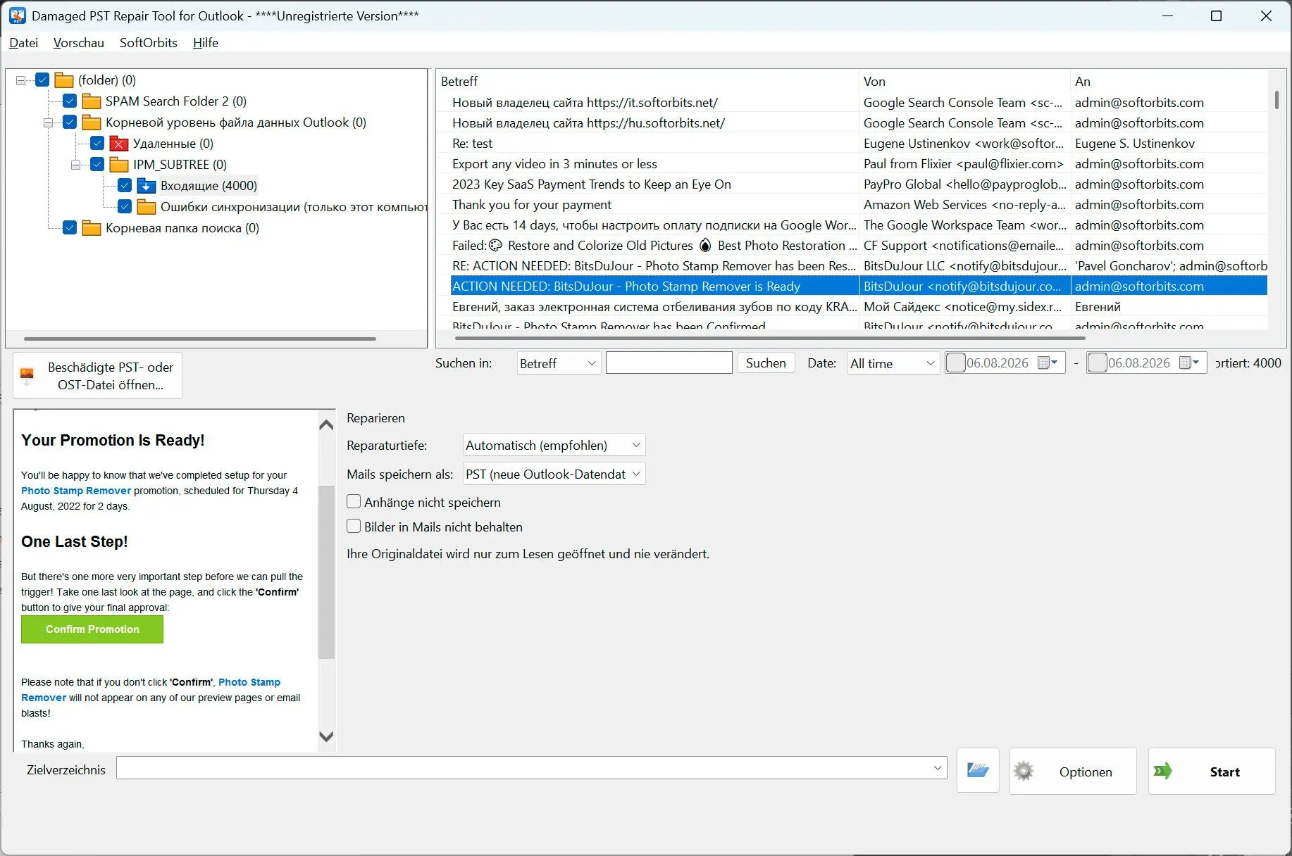 PST Repair Tool for Outlook Snímek obrazovky.