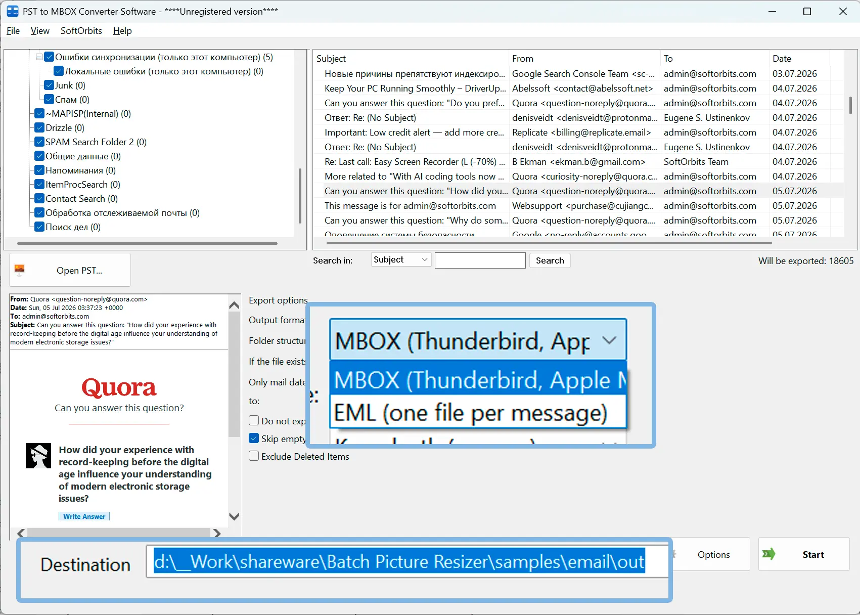 Vybrat MBOX a výstupní složku.