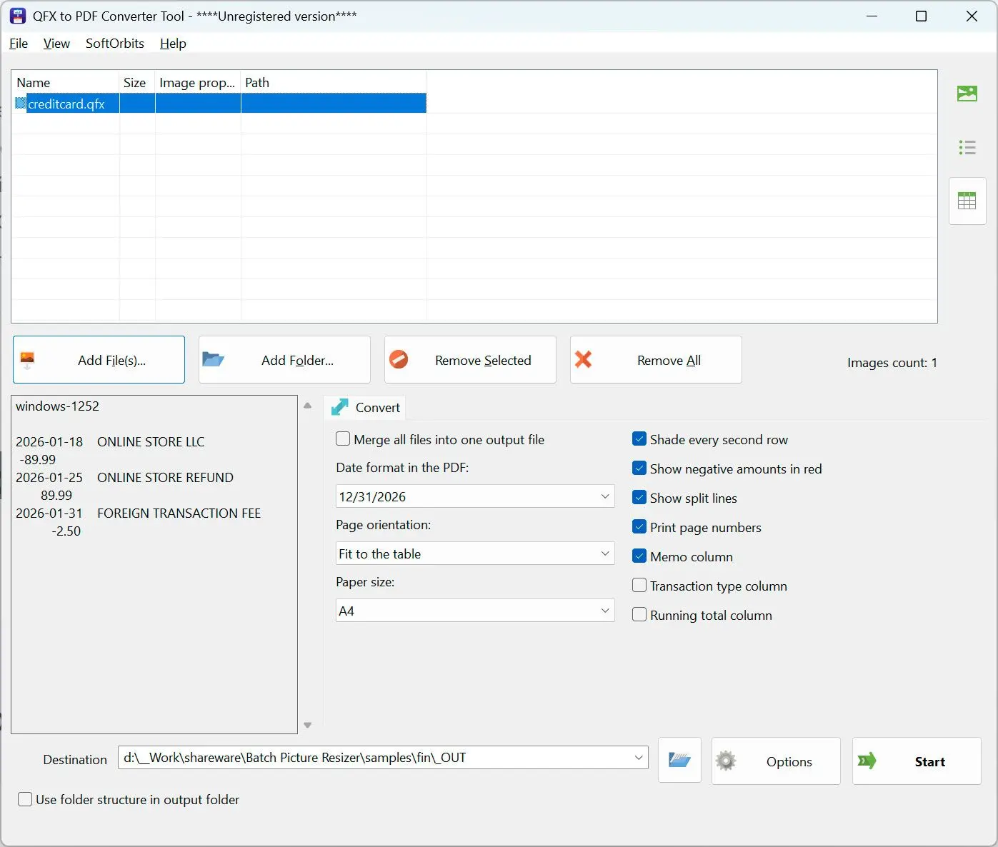 QFX to PDF Converter Snímek obrazovky.
