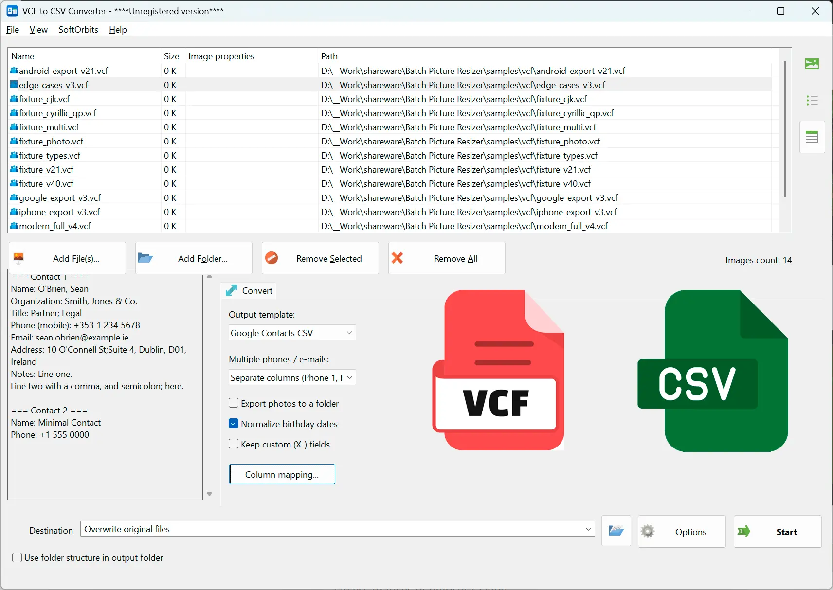 VCF to CSV Converter Software Snímek obrazovky.