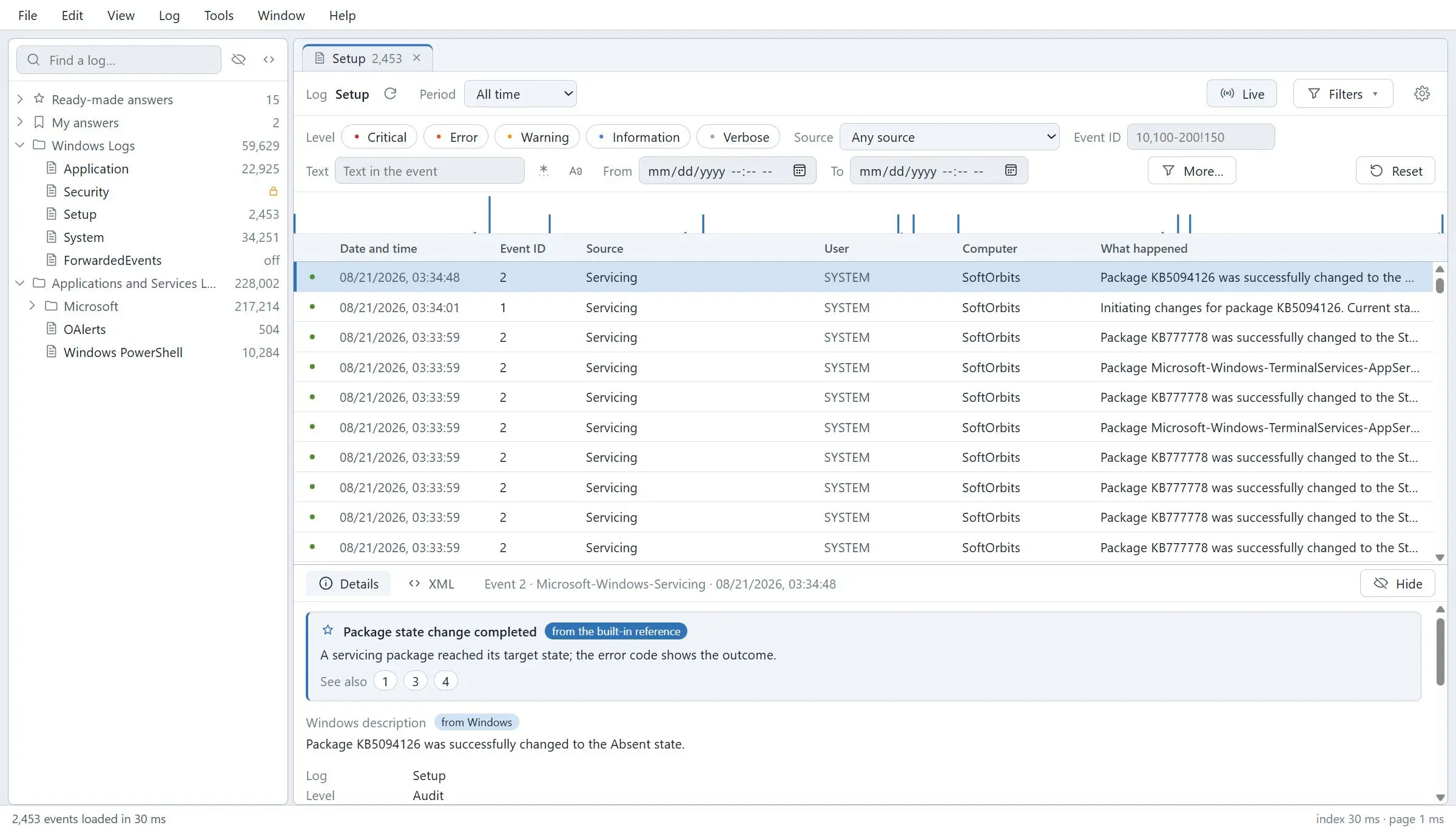 Windows Event Log Viewer Snímek obrazovky.
