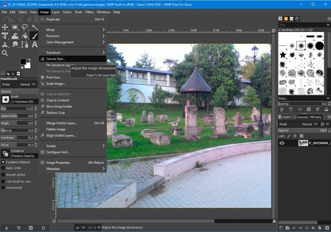 Otevření velikosti obrázku v programu GIMP..