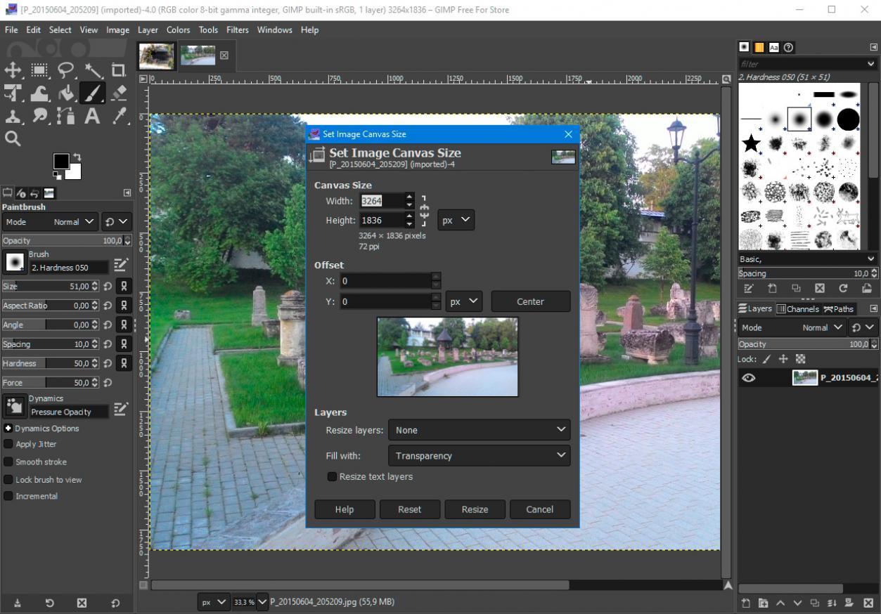 Výběr velikosti obrázku v programu GIMP..